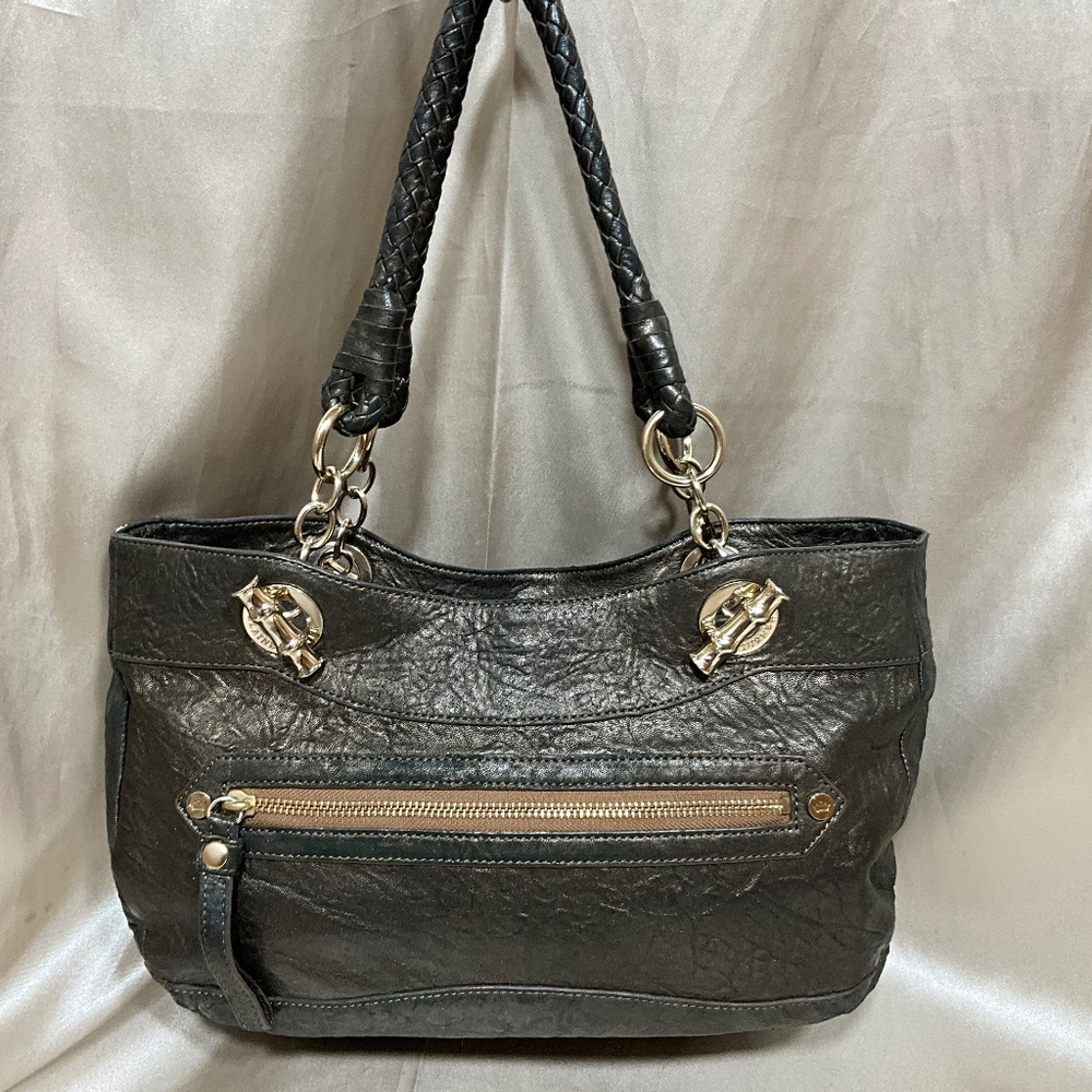 Elain Turner leather satchel. Gold toned HW, dark charcoal/blk leather.  10-H6Bc